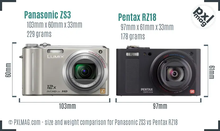 Panasonic ZS3 vs Pentax RZ18 size comparison