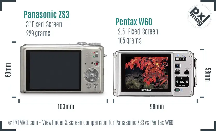 Panasonic ZS3 vs Pentax W60 Screen and Viewfinder comparison