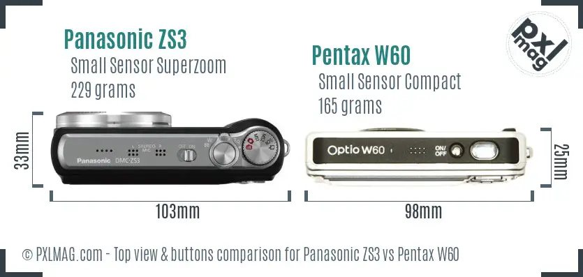 Panasonic ZS3 vs Pentax W60 top view buttons comparison