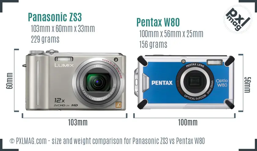 Panasonic ZS3 vs Pentax W80 size comparison
