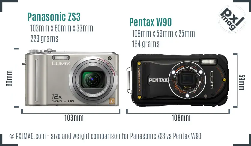 Panasonic ZS3 vs Pentax W90 size comparison