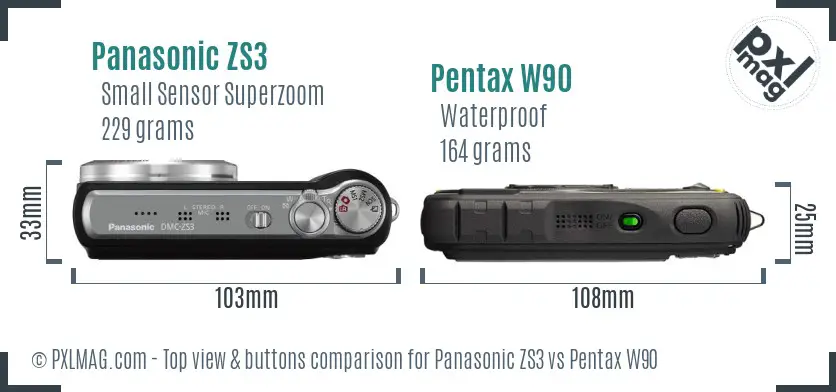 Panasonic ZS3 vs Pentax W90 top view buttons comparison