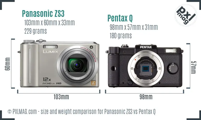 Panasonic ZS3 vs Pentax Q size comparison