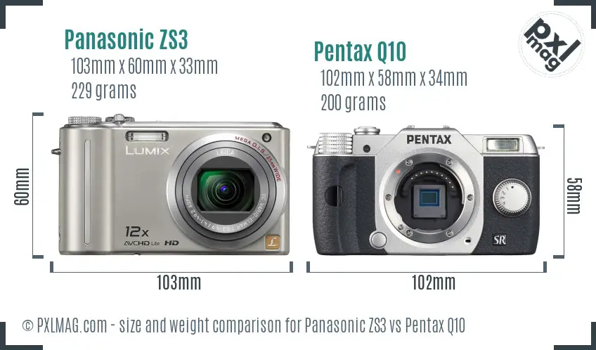 Panasonic ZS3 vs Pentax Q10 size comparison