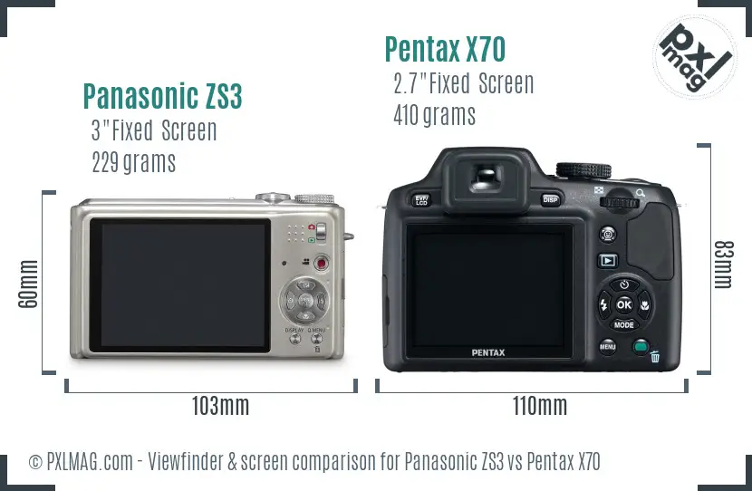 Panasonic ZS3 vs Pentax X70 Screen and Viewfinder comparison