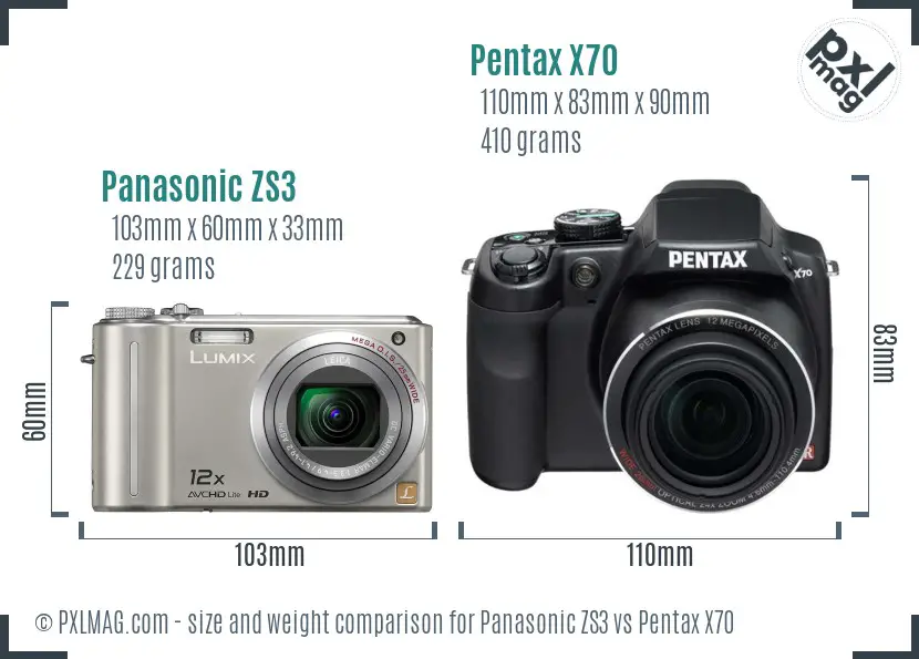 Panasonic ZS3 vs Pentax X70 size comparison