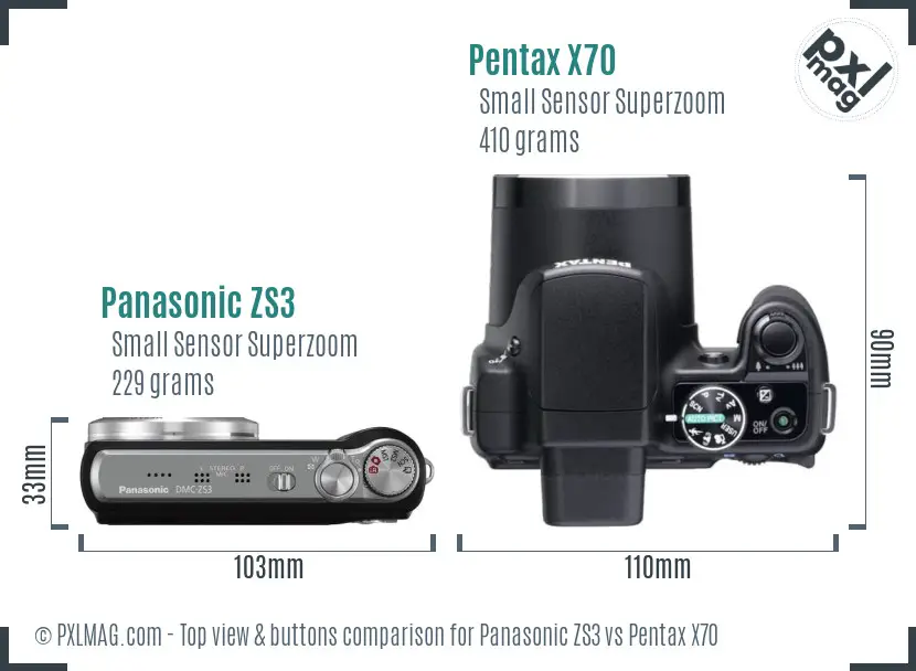 Panasonic ZS3 vs Pentax X70 top view buttons comparison