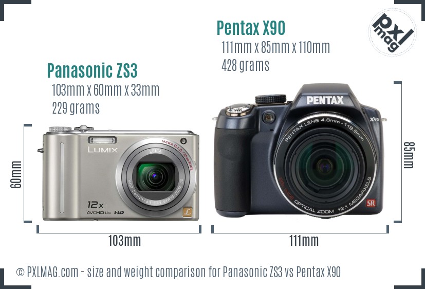 Panasonic ZS3 vs Pentax X90 size comparison