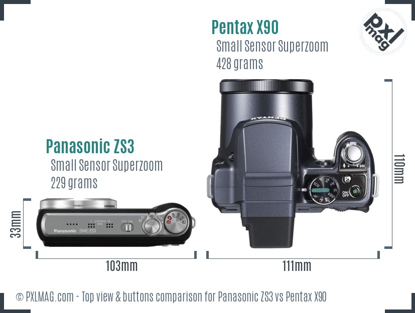 Panasonic ZS3 vs Pentax X90 top view buttons comparison