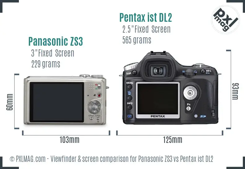 Panasonic ZS3 vs Pentax ist DL2 Screen and Viewfinder comparison