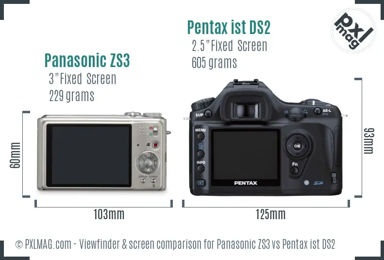 Panasonic ZS3 vs Pentax ist DS2 Screen and Viewfinder comparison