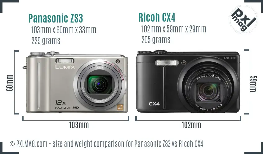 Panasonic ZS3 vs Ricoh CX4 size comparison