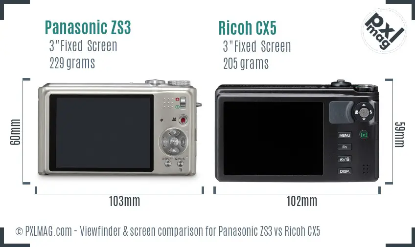 Panasonic ZS3 vs Ricoh CX5 Screen and Viewfinder comparison