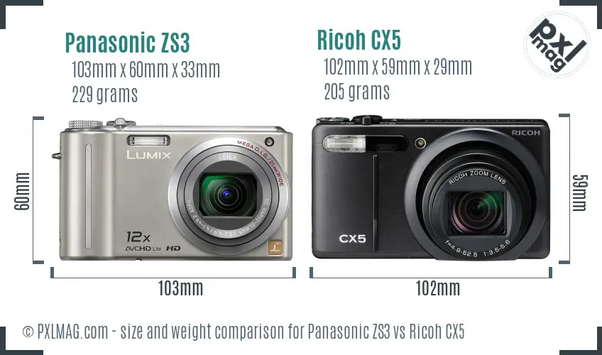 Panasonic ZS3 vs Ricoh CX5 size comparison