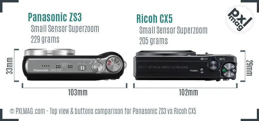Panasonic ZS3 vs Ricoh CX5 top view buttons comparison