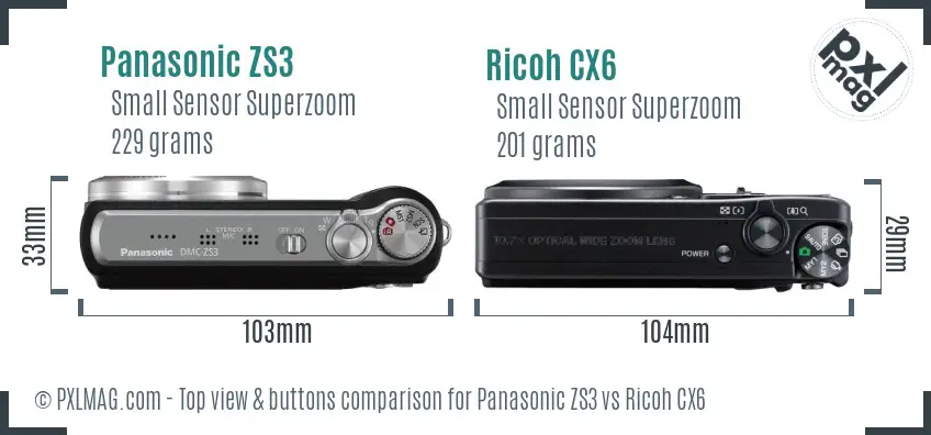 Panasonic ZS3 vs Ricoh CX6 top view buttons comparison