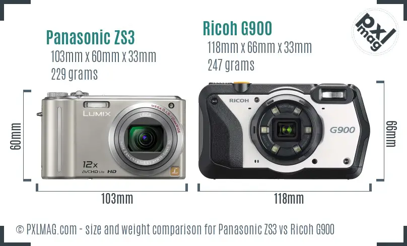 Panasonic ZS3 vs Ricoh G900 size comparison