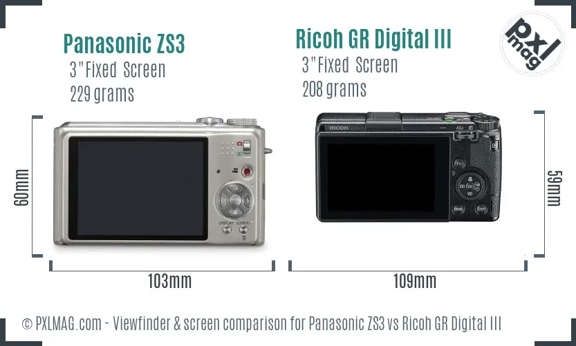 Panasonic ZS3 vs Ricoh GR Digital III Screen and Viewfinder comparison