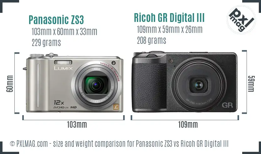 Panasonic ZS3 vs Ricoh GR Digital III size comparison