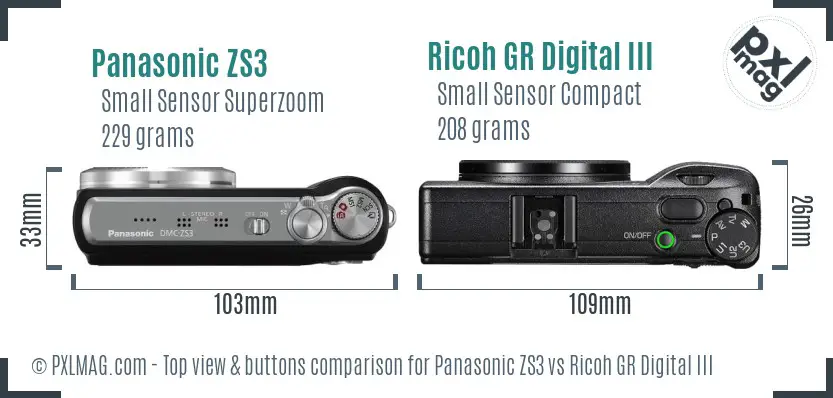Panasonic ZS3 vs Ricoh GR Digital III top view buttons comparison