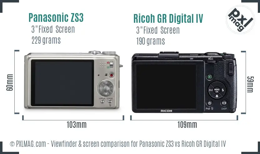 Panasonic ZS3 vs Ricoh GR Digital IV Screen and Viewfinder comparison