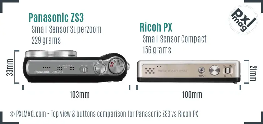 Panasonic ZS3 vs Ricoh PX top view buttons comparison Panasonic ZS3 vs Ricoh PX top view buttons comparison