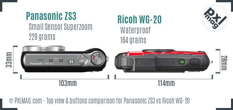 Panasonic ZS3 vs Ricoh WG-20 top view buttons comparison
