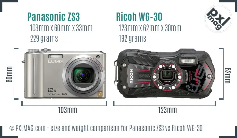 Panasonic ZS3 vs Ricoh WG-30 size comparison