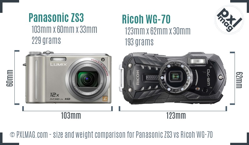 Panasonic ZS3 vs Ricoh WG-70 size comparison