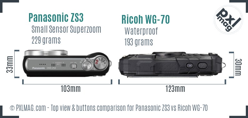 Panasonic ZS3 vs Ricoh WG-70 top view buttons comparison