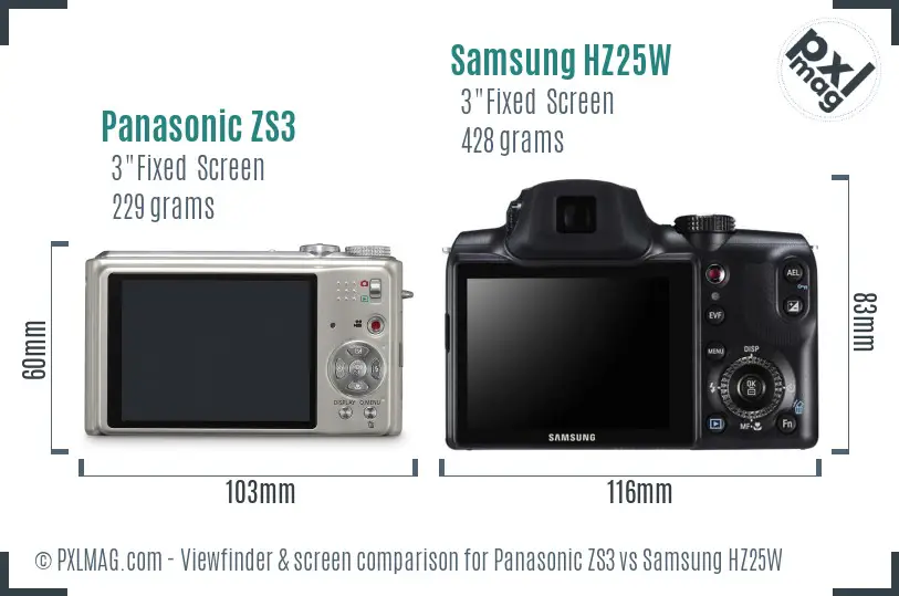 Panasonic ZS3 vs Samsung HZ25W Screen and Viewfinder comparison
