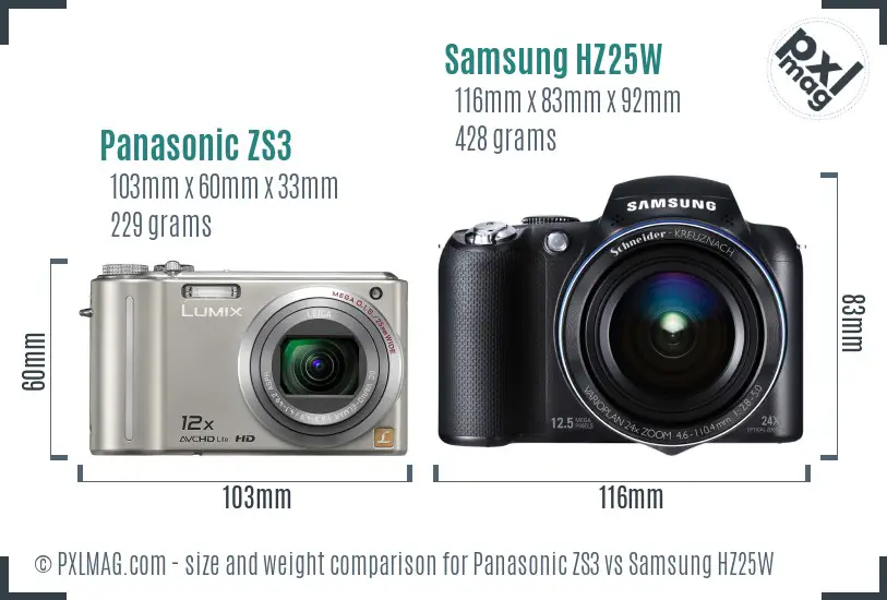 Panasonic ZS3 vs Samsung HZ25W size comparison