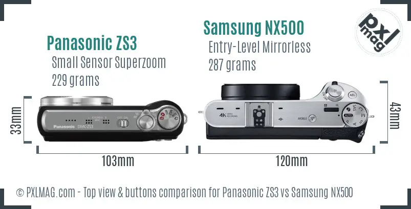 Panasonic ZS3 vs Samsung NX500 top view buttons comparison Panasonic ZS3 vs Samsung NX500 top view buttons comparison