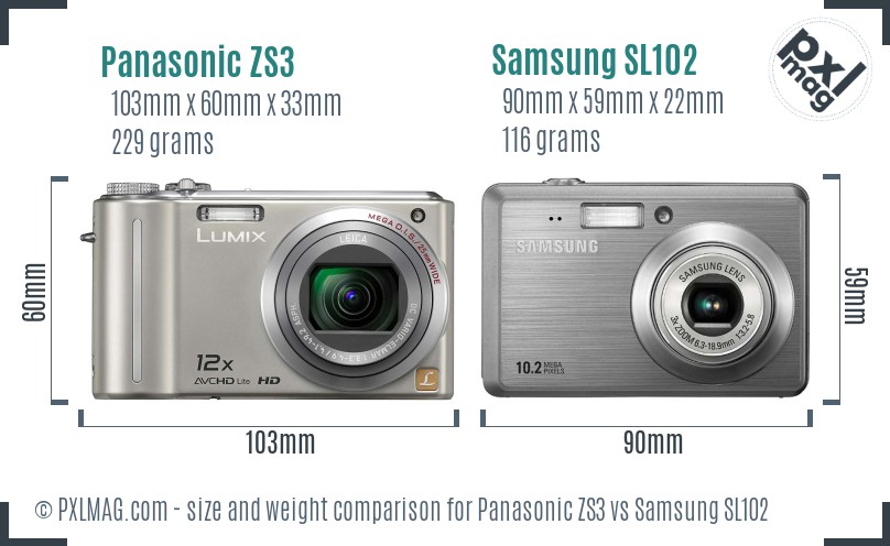 Panasonic ZS3 vs Samsung SL102 size comparison