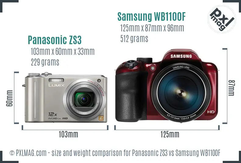 Panasonic ZS3 vs Samsung WB1100F size comparison