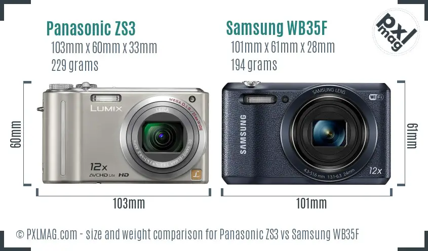 Panasonic ZS3 vs Samsung WB35F size comparison