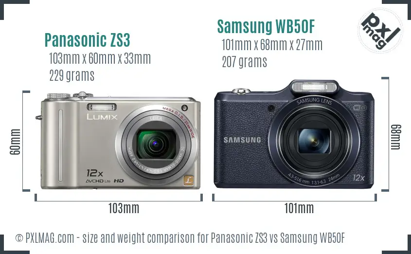 Panasonic ZS3 vs Samsung WB50F size comparison