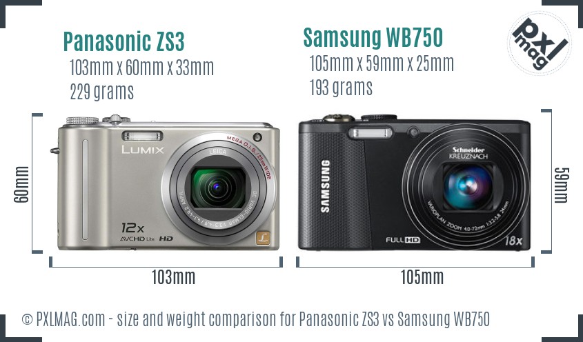 Panasonic ZS3 vs Samsung WB750 size comparison