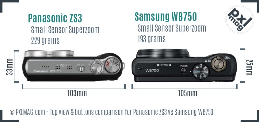 Panasonic ZS3 vs Samsung WB750 top view buttons comparison