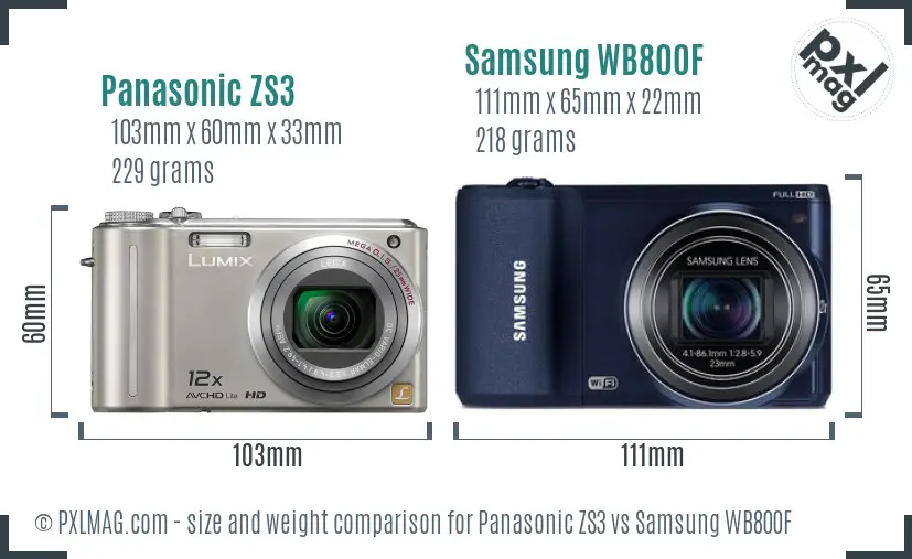 Panasonic ZS3 vs Samsung WB800F size comparison