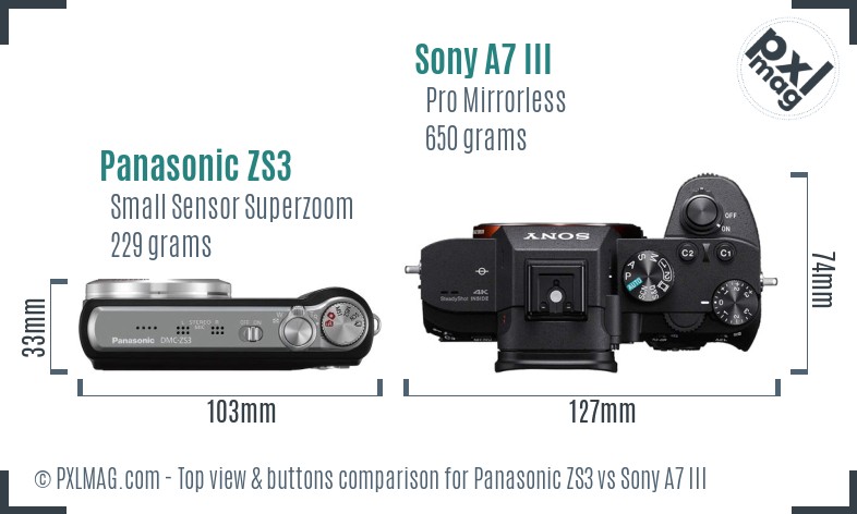 Panasonic ZS3 vs Sony A7 III top view buttons comparison