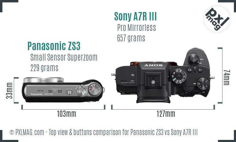 Panasonic ZS3 vs Sony A7R III top view buttons comparison
