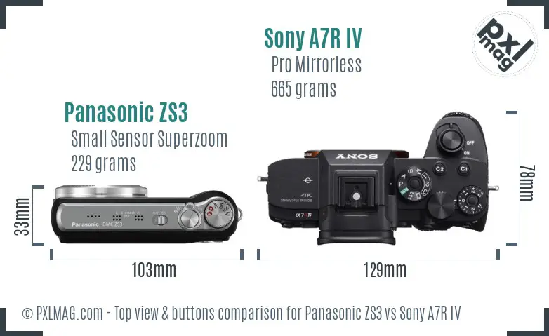 Panasonic ZS3 vs Sony A7R IV top view buttons comparison Panasonic ZS3 vs Sony A7R IV top view buttons comparison