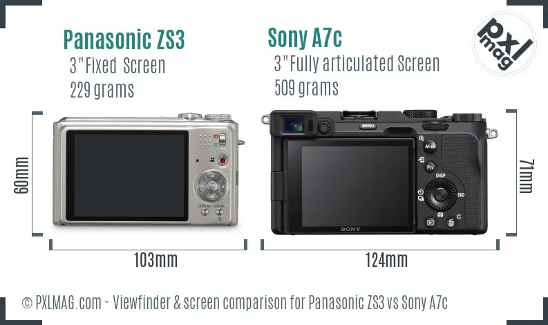 Panasonic ZS3 vs Sony A7c Screen and Viewfinder comparison