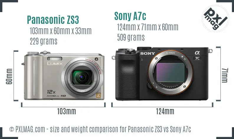 Panasonic ZS3 vs Sony A7c size comparison