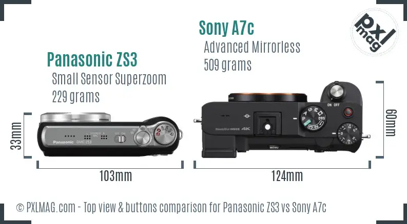 Panasonic ZS3 vs Sony A7c top view buttons comparison