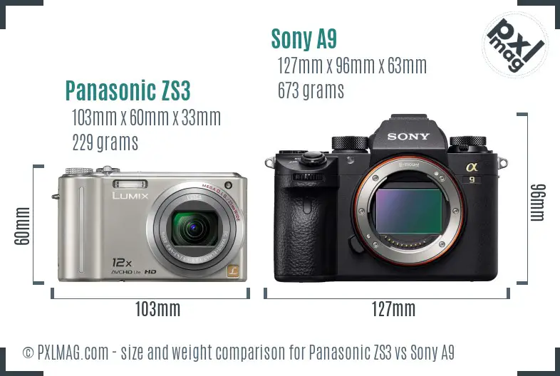 Panasonic ZS3 vs Sony A9 size comparison