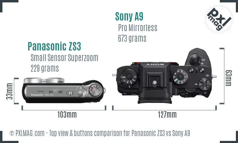 Panasonic ZS3 vs Sony A9 top view buttons comparison