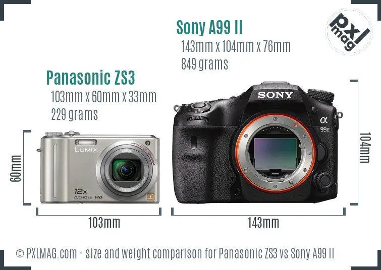 Panasonic ZS3 vs Sony A99 II size comparison