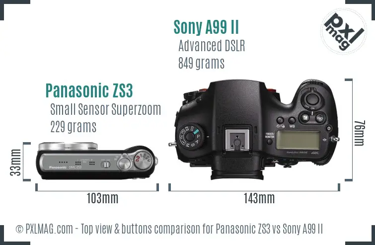Panasonic ZS3 vs Sony A99 II top view buttons comparison